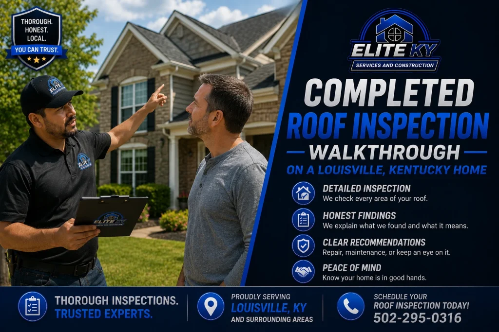 Elite KY Services and Construction reviewing the results of a completed roof inspection with a homeowner in Louisville, Kentucky.