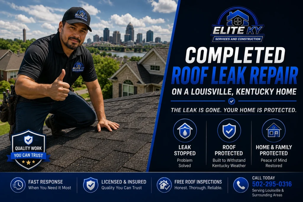 Completed residential roof leak repair by Elite KY Services and Construction on a home in Louisville, Kentucky with a roofer giving a thumbs up.