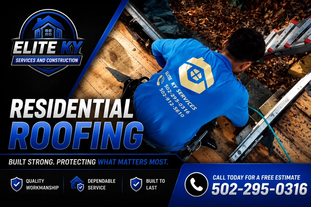 Elite KY Services and Construction roofing crew performing a residential roof replacement on a Kentucky/Southern IN home.