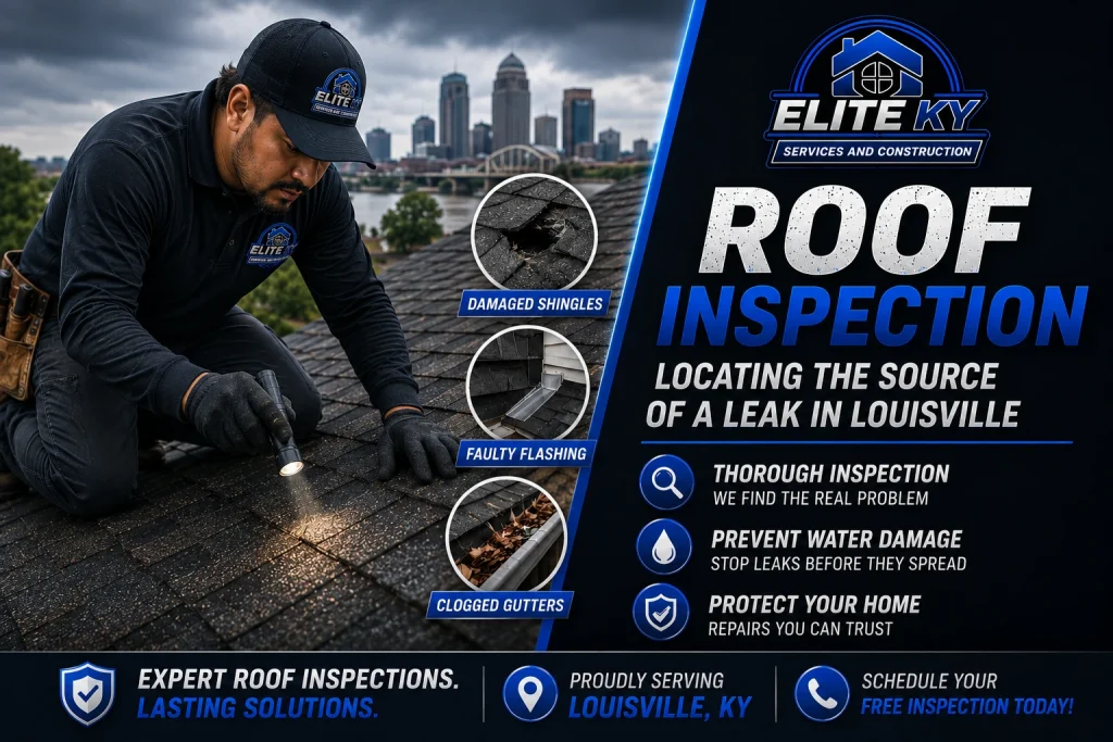 Elite KY Services and Construction performing a professional roof inspection to locate the source of a roof leak on a Louisville, Kentucky home.