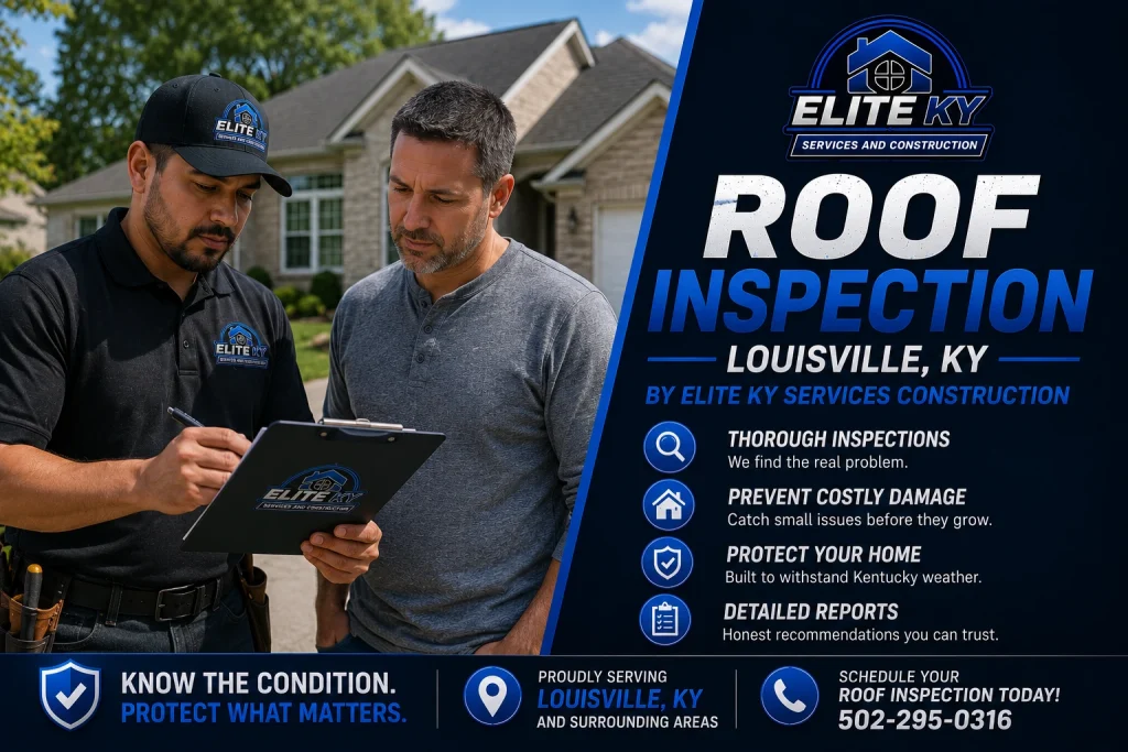 Elite KY Services and Construction reviewing a roof inspection with a Louisville homeowner after inspecting the property.