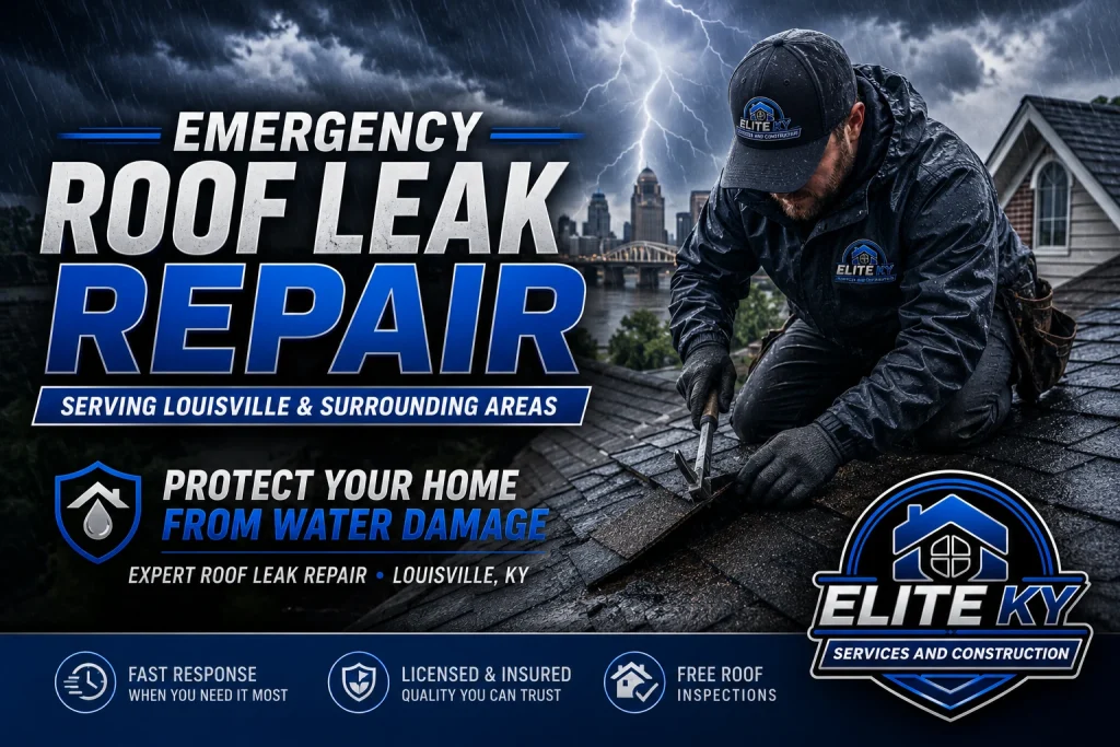 Professional roofer repairing a leaking roof during a storm in Louisville, KY for Elite KY Services and Construction.