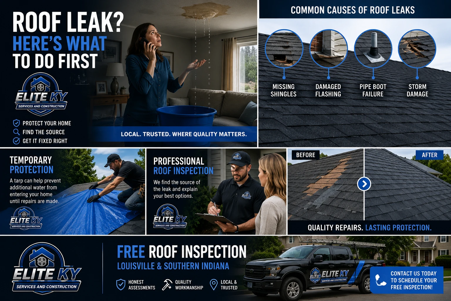 What to do if your roof is leaking with common causes, temporary protection, and roof inspection tips from Elite KY Services