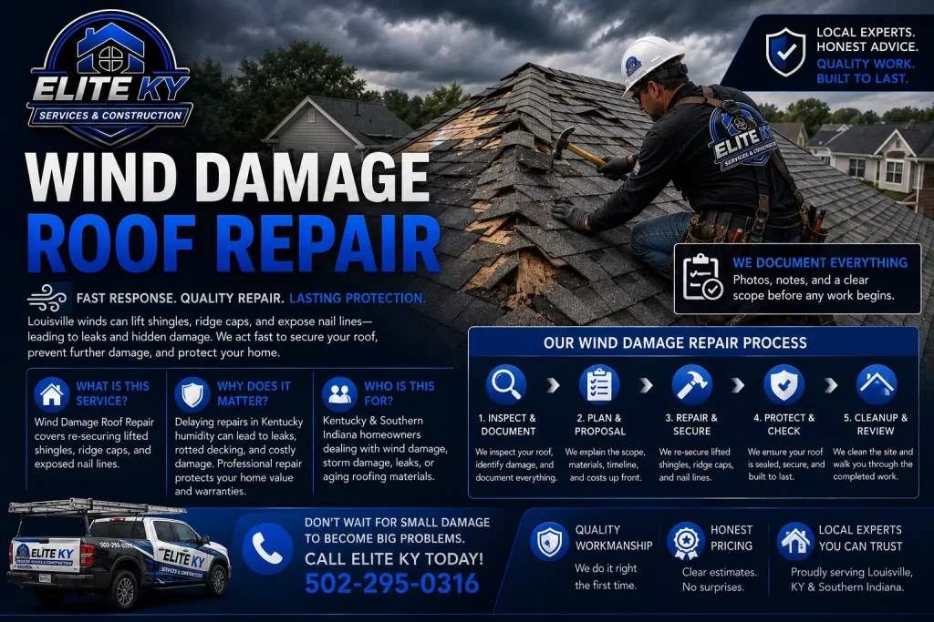 Wind damage roof repair in Louisville KY by Elite KY Services & Construction